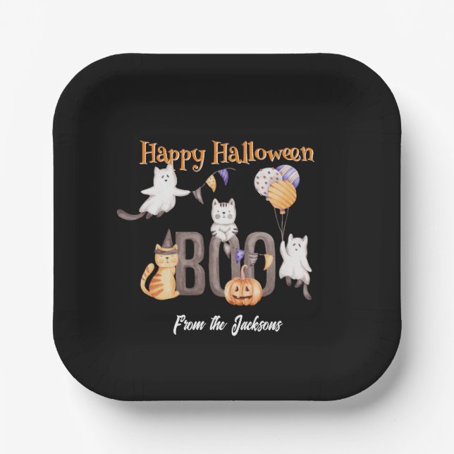Personalized Happy Halloween | KITTENS & BOO Paper Plate (Front)