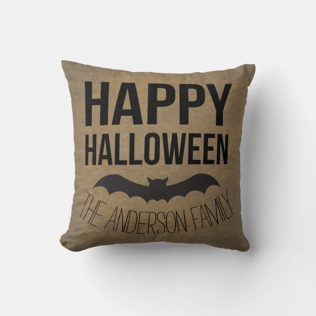 Personalized Happy Halloween Rustic Bat Throw Pillow (Front)