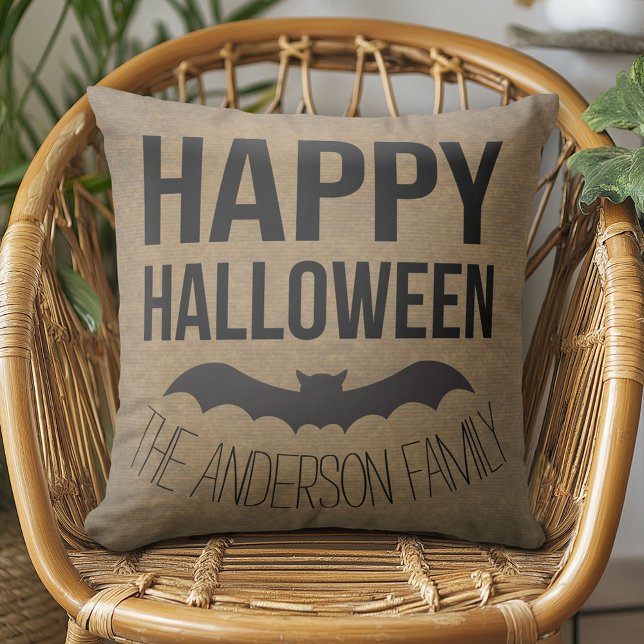 Personalized Happy Halloween Rustic Bat Throw Pillow (Creator Uploaded)