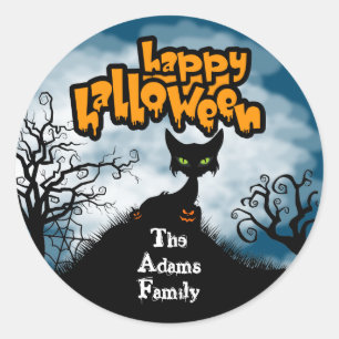Personalized Happy Halloween Spooky Cat Classic Round Sticker
