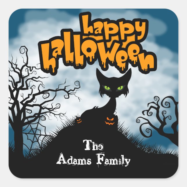 Personalized Happy Halloween Spooky Cat Square Sticker (Front)