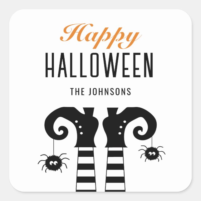 Personalized Happy Halloween Witch Feet White Square Sticker (Front)