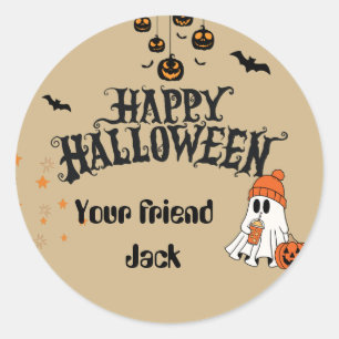 Personalized Happy Halloween with Cute Ghost brown Classic Round Sticker