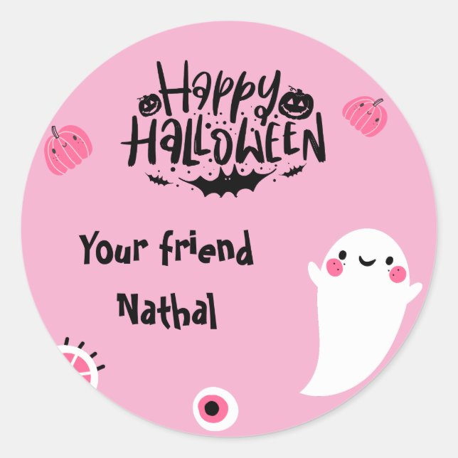 Personalized Happy Halloween with Cute Ghost PINK Classic Round Sticker (Front)