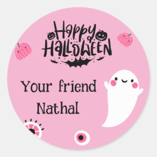 Personalized Happy Halloween with Cute Ghost PINK Classic Round Sticker