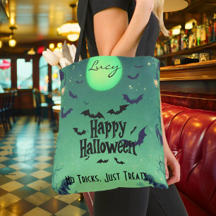 Personalized Happy Halloween with Green Moon, Bats Tote Bag