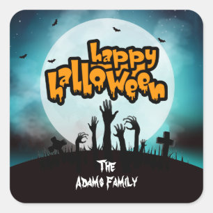 Personalized Happy Halloween Zombie Graveyard Square Sticker