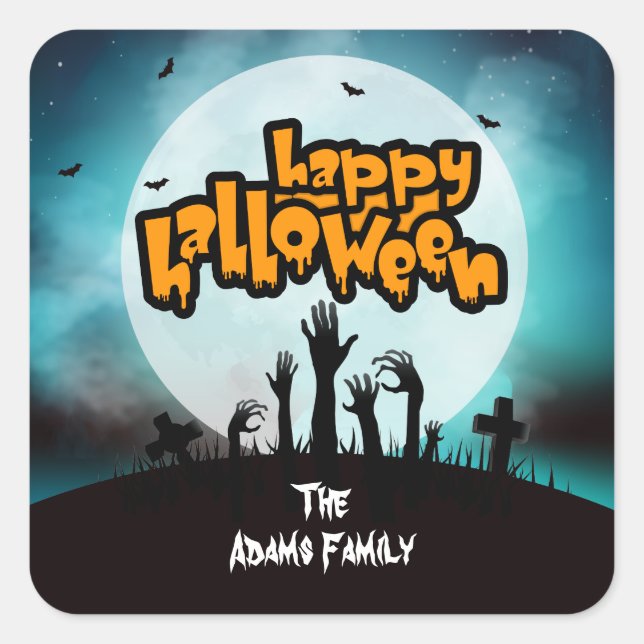 Personalized Happy Halloween Zombie Graveyard Square Sticker (Front)