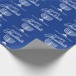 Personalized HAPPY HANUKKAH Blue Menorah Wrapping Paper<br><div class="desc">Wrap your gifts with these elegant Jewish Holiday HAPPY HANUKKAH Chanukah wrapping paper.  Navy blue background with white Menorah.  Personalize by adding message or name or delete.</div>