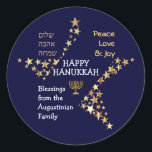 Personalized HAPPY HANUKKAH Classic Round Sticker<br><div class="desc">Stylish blue and gold personalized HANUKKAH stickers to wish your family and friends a Happy Hanukkah. The design shows text that says HAPPY HANUKKAH in white typography at the centre, with PEACE, LOVE & JOY in gold coloured typography in one corner, and also written in HEBREW in the other corner....</div>