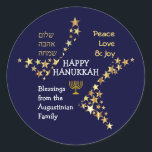 Personalized HAPPY HANUKKAH Classic Round Sticker<br><div class="desc">Stylish blue and gold personalized HANUKKAH stickers to wish your family and friends a Happy Hanukkah. The design shows text that says HAPPY HANUKKAH in white typography at the centre, with PEACE, LOVE & JOY in gold coloured typography in one corner, and also written in HEBREW in the other corner....</div>