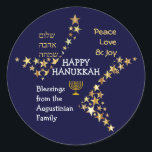 Personalized HAPPY HANUKKAH Classic Round Sticker<br><div class="desc">Stylish blue and gold personalized HANUKKAH stickers to wish your family and friends a Happy Hanukkah. The design shows text that says HAPPY HANUKKAH in white typography at the centre, with PEACE, LOVE & JOY in gold coloured typography in one corner, and also written in HEBREW in the other corner....</div>