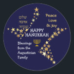 Personalized HAPPY HANUKKAH Classic Round Sticker<br><div class="desc">Stylish blue and gold personalized HANUKKAH stickers to wish your family and friends a Happy Hanukkah. The design shows text that says HAPPY HANUKKAH in white typography at the centre, with PEACE, LOVE & JOY in gold coloured typography in one corner, and also written in HEBREW in the other corner....</div>
