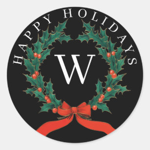 Personalized Happy Holidays Black Monogram Wreath  Classic Round Sticker