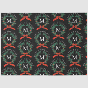 Personalized Happy Holidays Black Monogram Wreath Tissue Paper