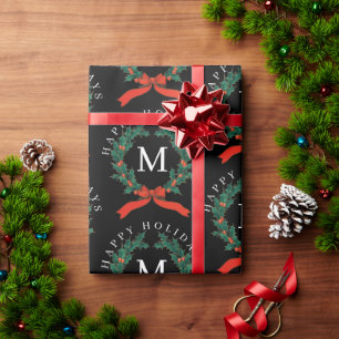 Personalized Happy Holidays Black Monogram Wreath  Wrapping Paper