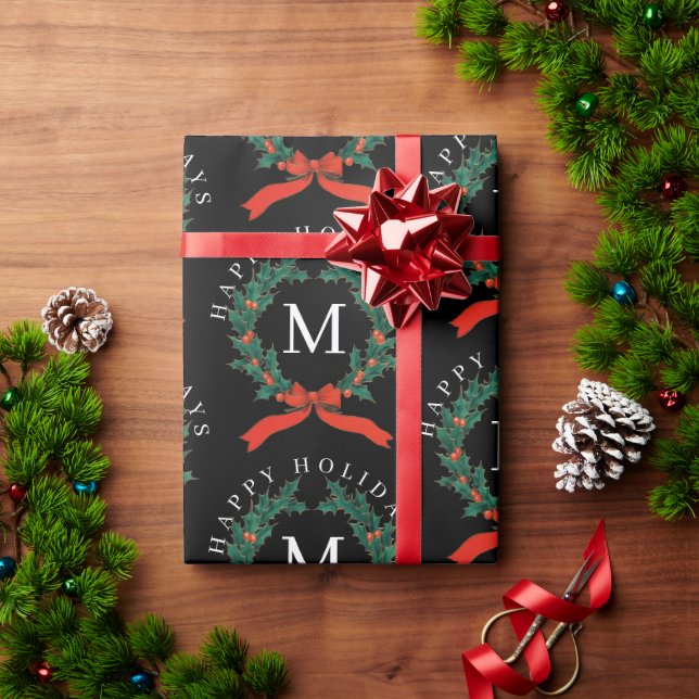 Personalized Happy Holidays Black Monogram Wreath  Wrapping Paper (Holiday Gift)