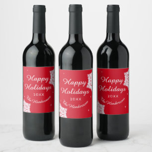 Personalized Happy Holidays Christmas Red White Wine Label