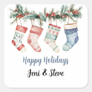 Personalized Happy Holidays Christmas Stocking  Square Sticker