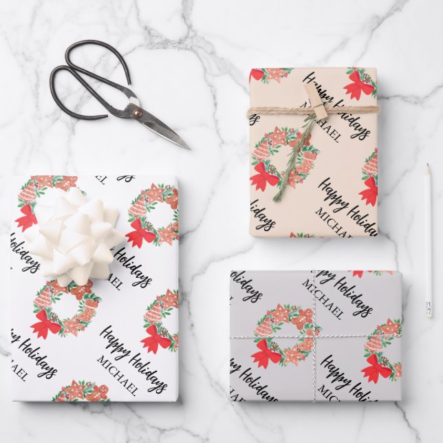 Personalized Happy Holidays Cookie Wreath Wrapping Paper Sheet (Front)