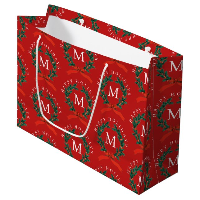 Personalized Happy Holidays Red Monogram Wreath Large Gift Bag (Front Angled)