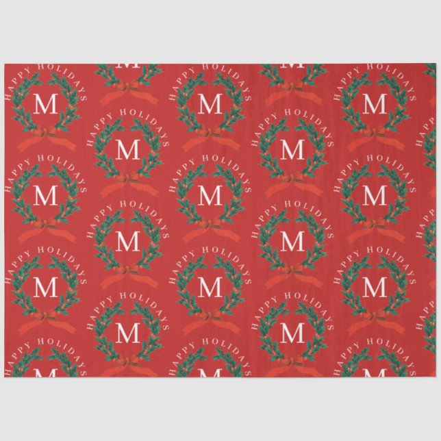 Personalized Happy Holidays Red Monogram Wreath  Tissue Paper (Front)