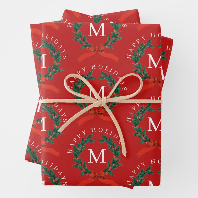 Personalized Happy Holidays Red Monogram Wreath Wrapping Paper Sheet (In situ)