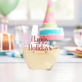 Personalized Happy Holidays Red Typography Stemless Wine Glass