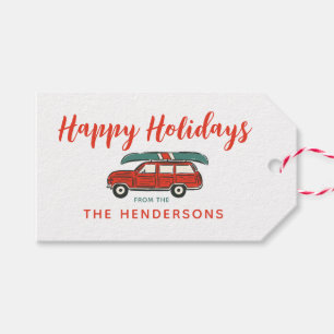 Personalized Happy Holidays Red Wagon Christmas Gift Tags