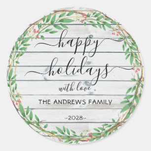 Personalized Happy Holidays watercolor wreath Classic Round Sticker