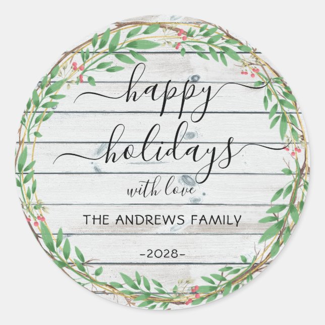 Personalized Happy Holidays watercolor wreath Classic Round Sticker (Front)