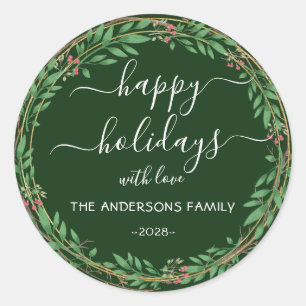 Personalized Happy Holidays watercolor wreath Classic Round Sticker
