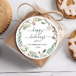 Personalized Happy Holidays watercolor wreath  Classic Round Sticker<br><div class="desc">"Happy Holidays" watercolor wreath design stickers. Personalized "Happy Holidays" Stickers: Your Festive Touch for Christmas! 'Tis the season to spread love and joy, and our "Happy Holidays" stickers are here to help you do it in a uniquely personal way. Fully Customizable: Add names, dates, or your own special words to...</div>