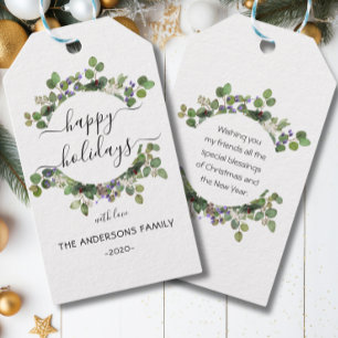 Personalized Happy Holidays watercolor wreath  Gift Tags