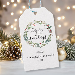Personalized Happy Holidays watercolor wreath Gift Tags