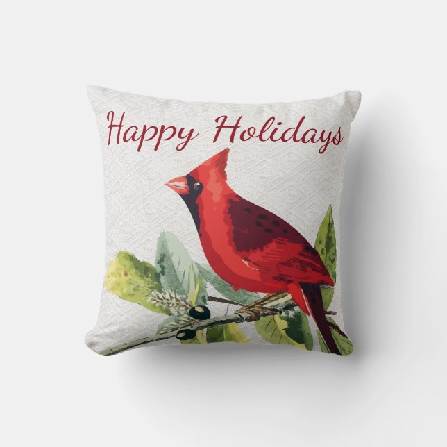 Personalized - Happy Holidays Winter Cardinal Throw Pillow (Front)