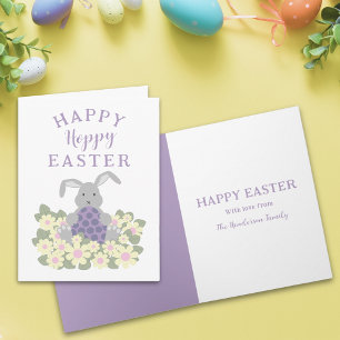 Personalized Happy Hoppy Easter Cute Bunny Floral Holiday Card