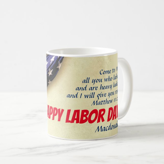 Personalized HAPPY LABOR DAY | USA Flag Scripture Coffee Mug (Front Right)