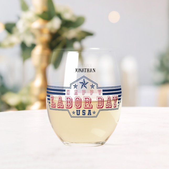 Personalized Happy Labour Day Stemless Wine Glass (Insitu (Wedding))