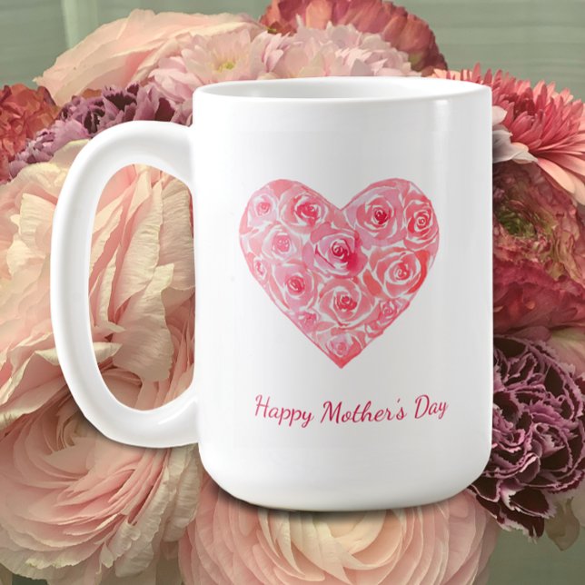 Personalized Happy Mother's Day Watercolor Roses Coffee Mug (Custom Mother’s Day gift mug. Add your names and personalize this original watercolor rose heart mug)