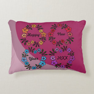 PERSONALIZED HAPPY NEW YEAR 20XX & FLOWERS WREATHS ACCENT PILLOW