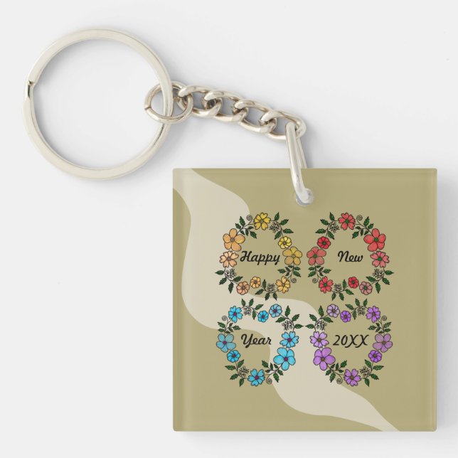 PERSONALIZED HAPPY NEW YEAR 20XX & FLOWERS WREATHS KEYCHAIN (Front)