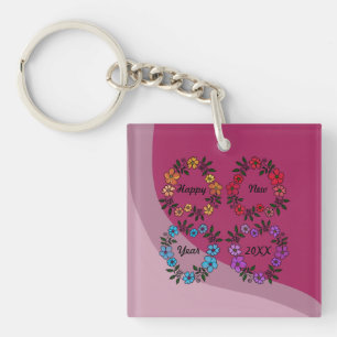 PERSONALIZED HAPPY NEW YEAR 20XX & FLOWERS WREATHS KEYCHAIN