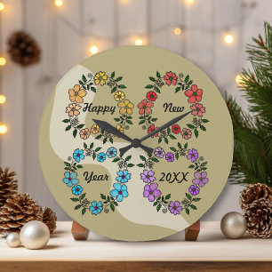 PERSONALIZED HAPPY NEW YEAR 20XX & FLOWERS WREATHS LARGE CLOCK