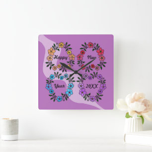 PERSONALIZED HAPPY NEW YEAR 20XX & FLOWERS WREATHS SQUARE WALL CLOCK