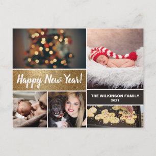 Personalized Happy New Year Gold Photo Collage Holiday Postcard