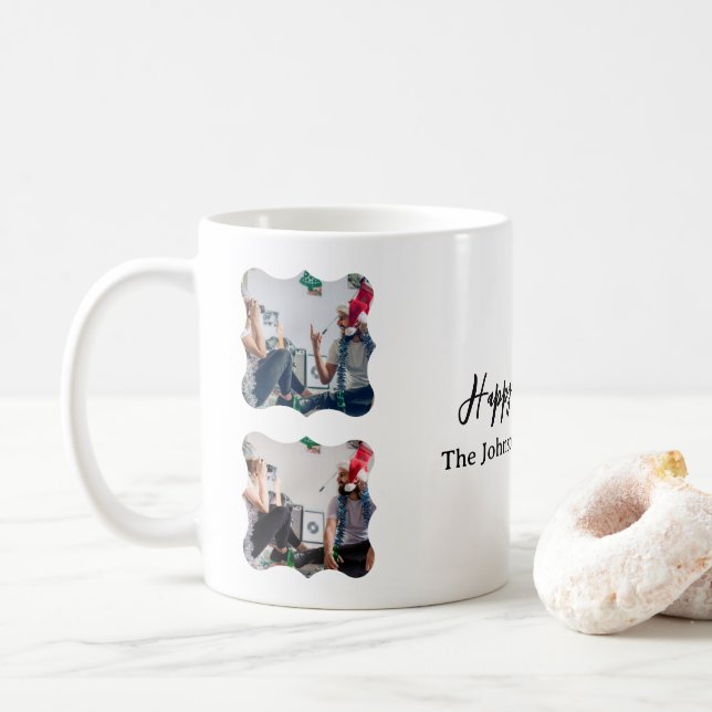 Personalized Happy New Year Script 4 collage photo Coffee Mug (With Donut)