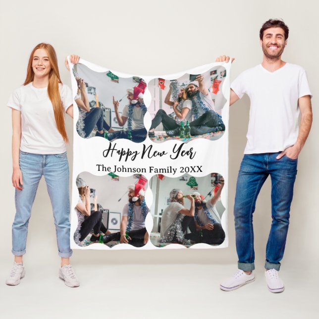Personalized Happy New Year Script 4 collage photo Fleece Blanket (In Situ)