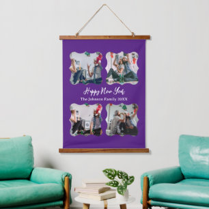 Personalized Happy New Year Script 4 collage photo Hanging Tapestry