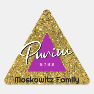  Personalized Happy Purim Faux Glitter Hamentash   Triangle Sticker